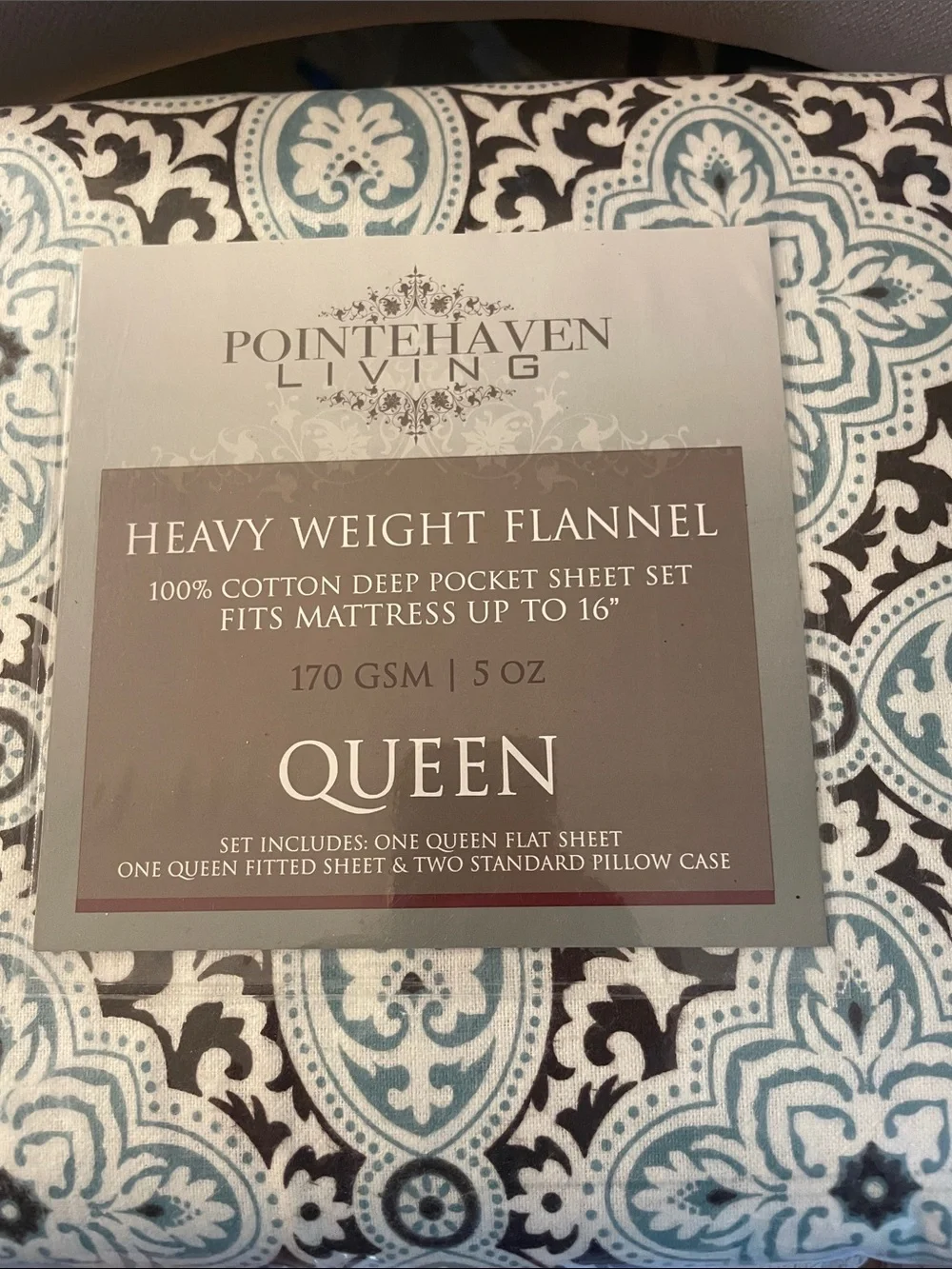POINTHAVEN Queen FLANNEL Heavy Weight Sheet Set - Blue/Gray 16” Deep 5oz New